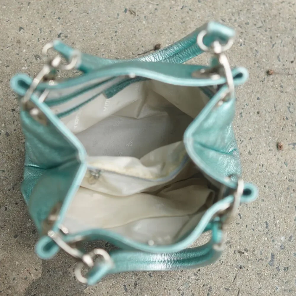Arcadia Italy Metallic Turquoise Leather Grommet Shoulder Bag Y2K Vintage RARE